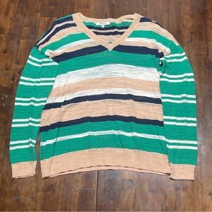 Madewell Womens Medium Burnout Stripe V-Neck Sweater Teal Peach Lightweight
